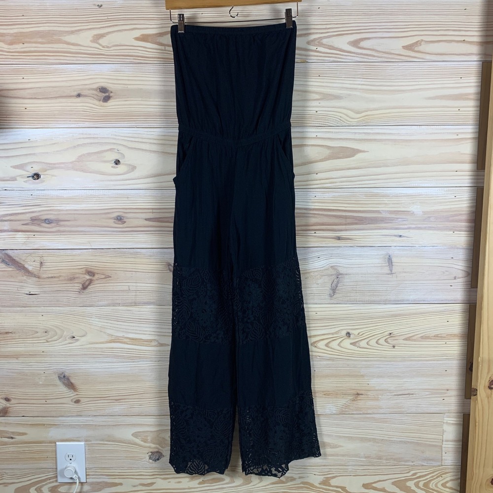BECCA Jumpsuit Womens Small Black Strapless Lace Trim Wide Leg Boho Coverup